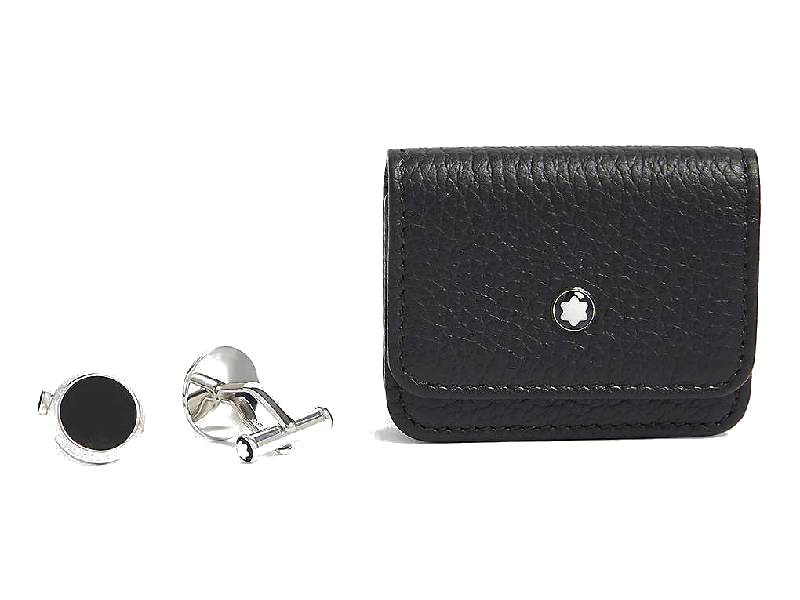 SET REGALO GEMELLI IN ACCIAIO CON INSERTO IN ONICE E PORTAGEMELLI IN PELLE MONTBLANC 118538